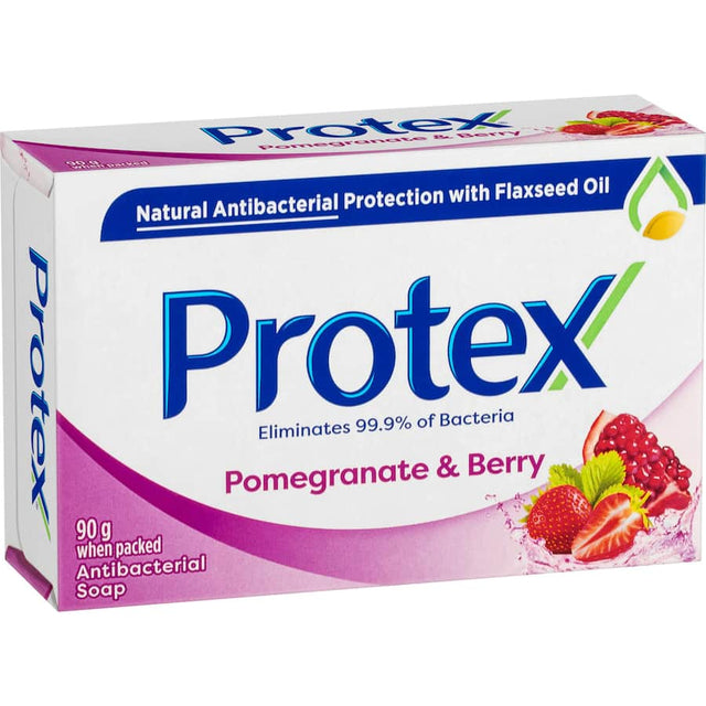 Protex Antibacterial Bar Soap in Pomegranate & Berry, enriched with flaxseed oil for soft skin and 99.9% bacteria elimination.