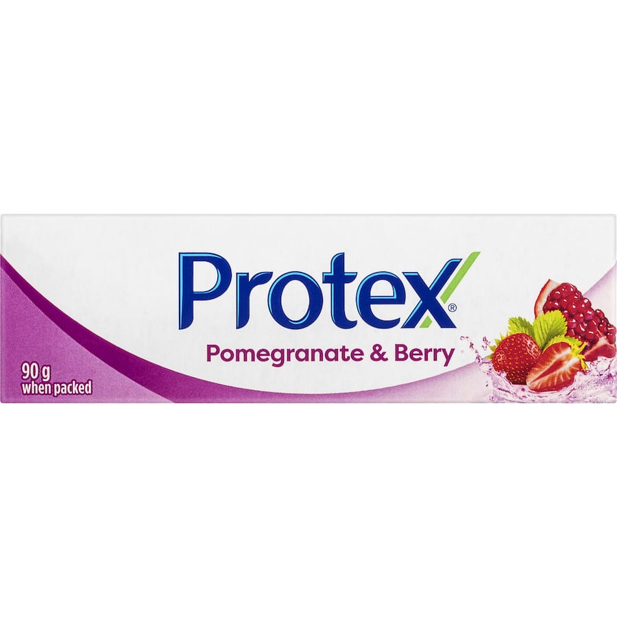 Protex Antibacterial Bar Soap in Pomegranate & Berry scent, eliminates 99.9% bacteria, enriched with omega 3 flaxseed oil.