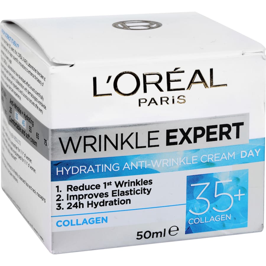 Anti-wrinkle cream for 35+, enriched with collagen to hydrate and improve skin elasticity, reducing fine lines and wrinkles.