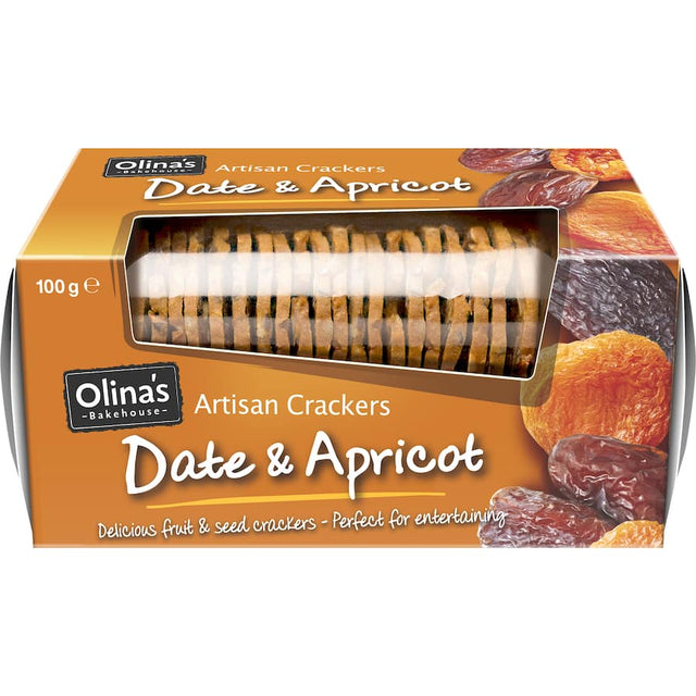 Olina's Bakehouse artisan crackers featuring sweet date and tangy apricot, perfect for cheese platters and gourmet snacking.