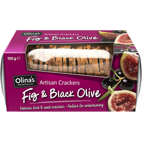 Artisan crackers with fig and black olive flavor, perfect for pairing with cheeses and dips at gatherings.