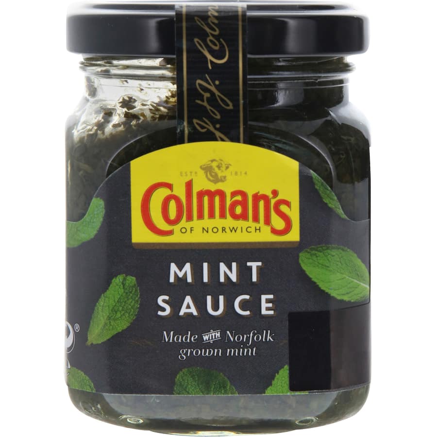 Bottle of Colman's Mint Sauce, featuring fresh mint flavor ideal for lamb dishes and versatile culinary creations.