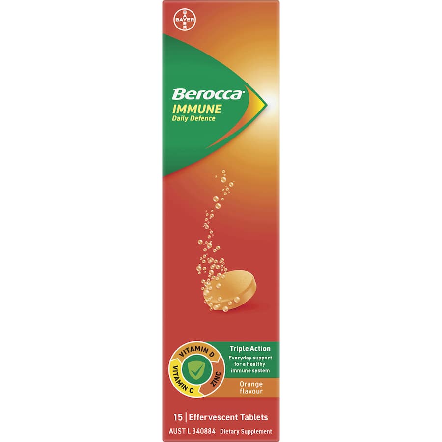 Effervescent orange tablet providing 1000 mg of vitamin C, vitamin D, and zinc for daily immune support.