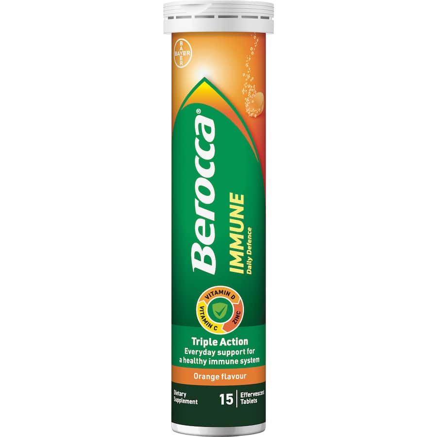 Effervescent orange tablet featuring vitamins C, D, and zinc for advanced immune support and daily health defense.