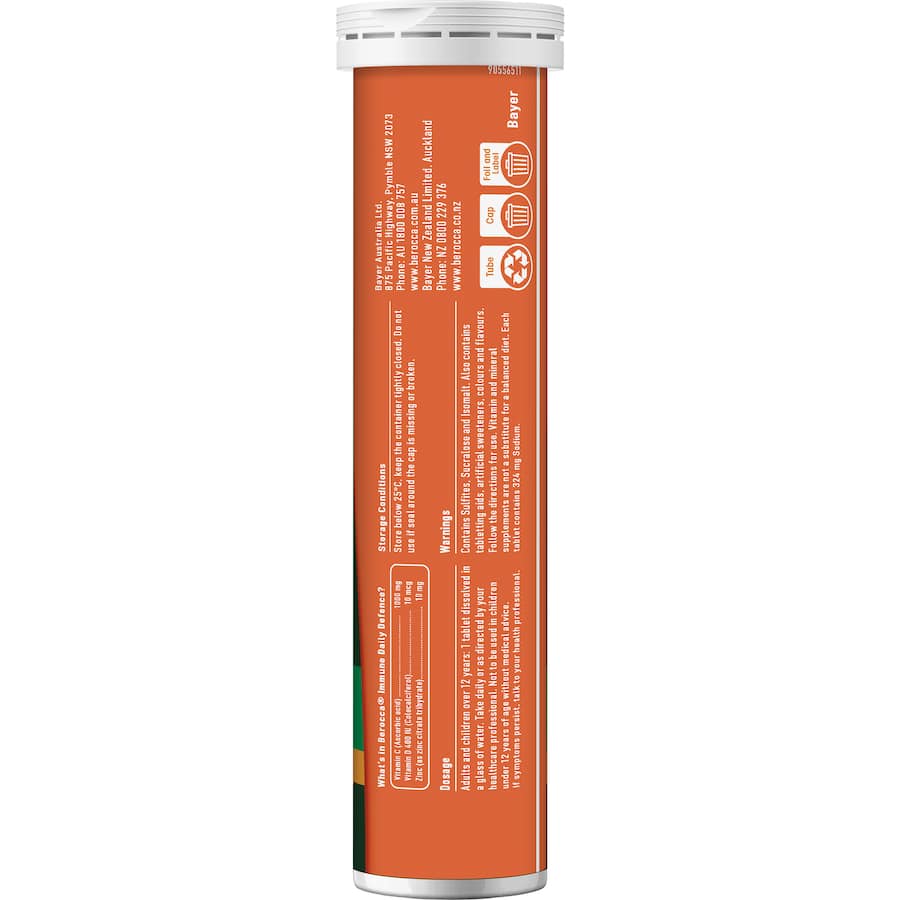 Effervescent orange tablet of Berocca Immune, rich in vitamin C, D, and zinc for daily immune support and vitality.