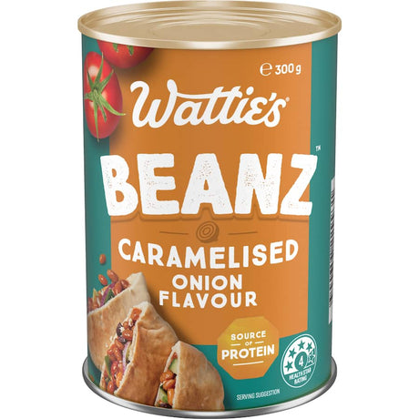 Canned baked beans in tomato sauce with caramelised onion flavor, high in fiber and protein, perfect for versatile meals.