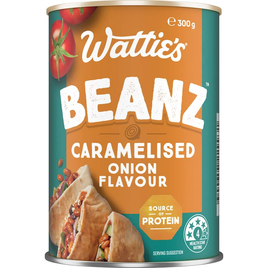 Wattie's Beanz with caramelised onion in tomato sauce, high in protein and fiber, ideal for pies and stews.