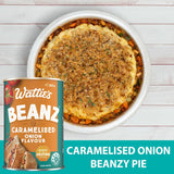 Canned baked beans in tomato sauce with caramelised onion flavor, high in protein and dietary fiber, perfect for versatile meals.