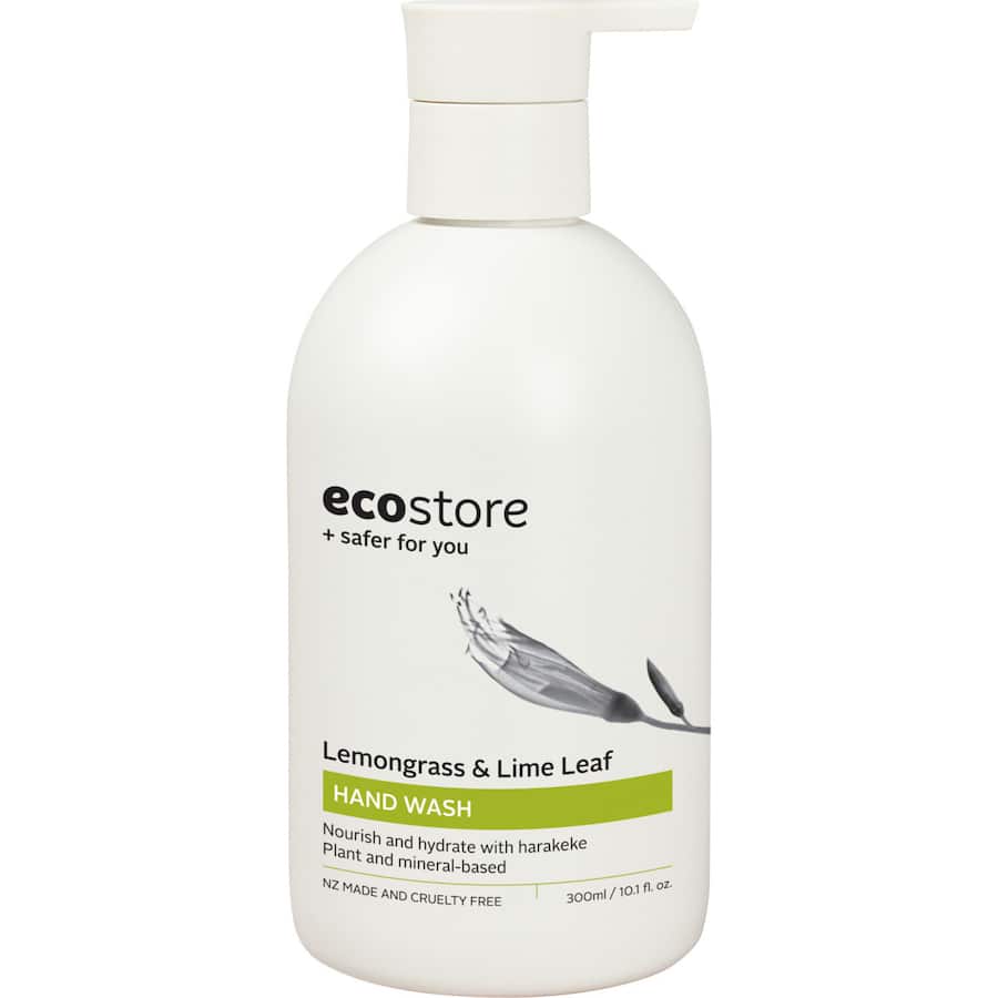 Ecostore Hand Wash in a bottle with a refreshing lemongrass and lime leaf scent, featuring plant-based, eco-friendly formula.
