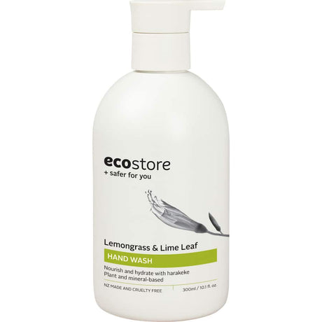 Ecostore Hand Wash in a bottle with a refreshing lemongrass and lime leaf scent, featuring plant-based, eco-friendly formula.