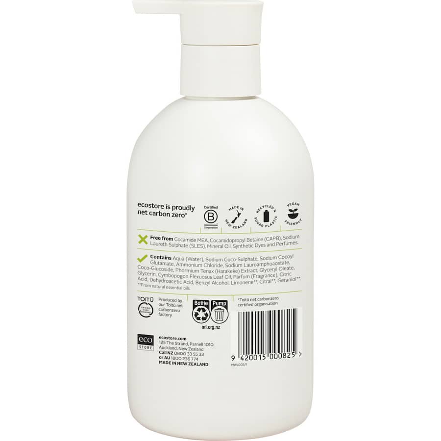 Eco-friendly hand wash with lemongrass and lime leaf, featuring hydrating harakeke for soft, nourished skin.