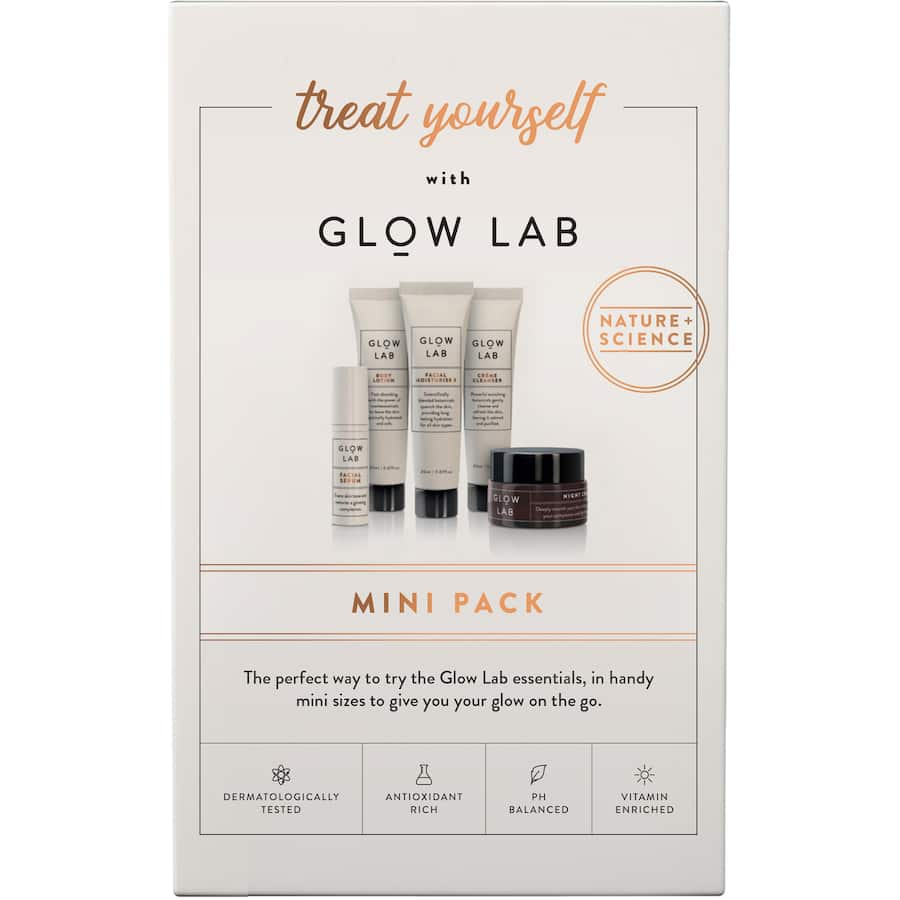 Mini facial skincare gift pack featuring five natural products for radiant skin on the go. Ideal for travel or gifting.