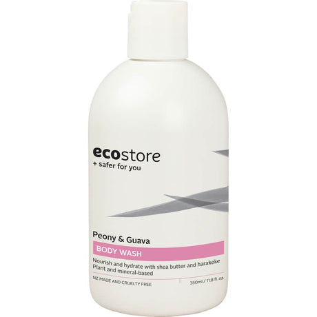 Ecostore Body Wash in Peony & Guava: vegan, pH-balanced formula with shea butter and harakeke for soft, nourished skin.