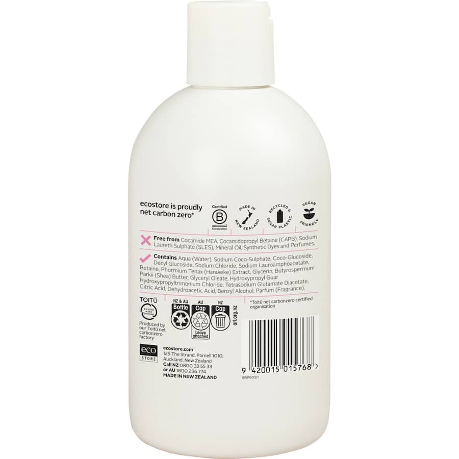 Ecostore Body Wash in Peony & Guava, a vegan, pH-balanced wash with shea butter and harakeke for gentle cleansing and hydration.