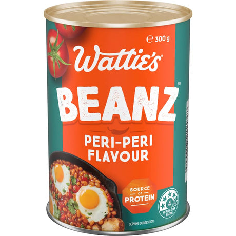 Wattie's Beanz Baked Beans Peri Peri in tomato sauce, featuring a spicy flavor and high in fiber and protein, perfect for quick meals.