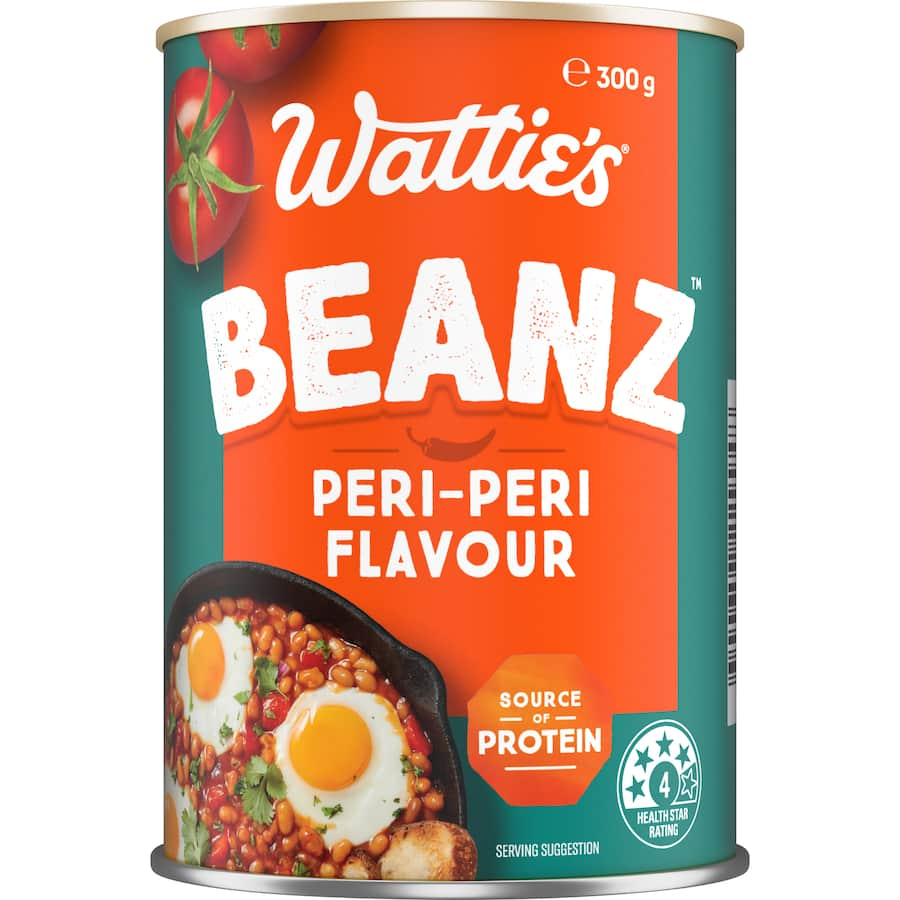 Wattie's Beanz Peri Peri baked beans in tomato sauce, high in fiber, low fat, perfect for spicy meals and easy preparation.