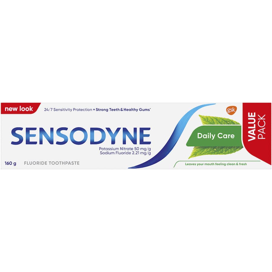 Sensodyne Sensitive Teeth Toothpaste Daily Care for quick relief, enamel strengthening, and 24-hour protection against sensitivity.