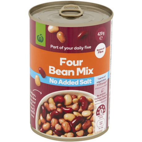 Four Bean Mix featuring kidney beans, chickpeas, cannellini, and butter beans, no added salt, perfect for healthy meals.