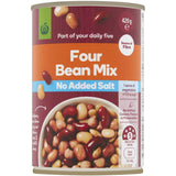 Woolworths Four Bean Mix featuring kidney, chickpeas, cannellini, and butter beans, no added salt, high in protein and fiber.