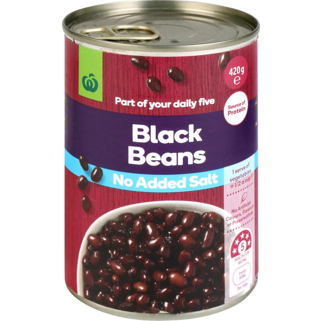 Canned Woolworths Black Beans No Added Salt, 420g, rich in protein, perfect for salads, soups, and stir-fries.