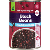 A can of Woolworths Black Beans No Added Salt, 420g, showcasing healthy, protein-rich beans without artificial additives.