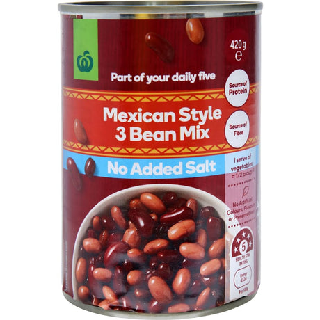 Woolworths Mexican 3 Bean No Added Salt: nutritious canned beans blend, rich in protein and fiber, ideal for healthy meals.