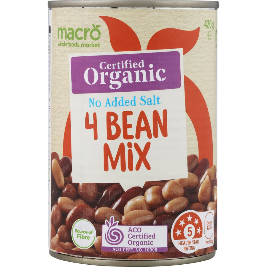 Macro Organic 4 Bean Mix No Added Salt: A nutritious blend of four organic beans, perfect for low-sodium meals and salads.