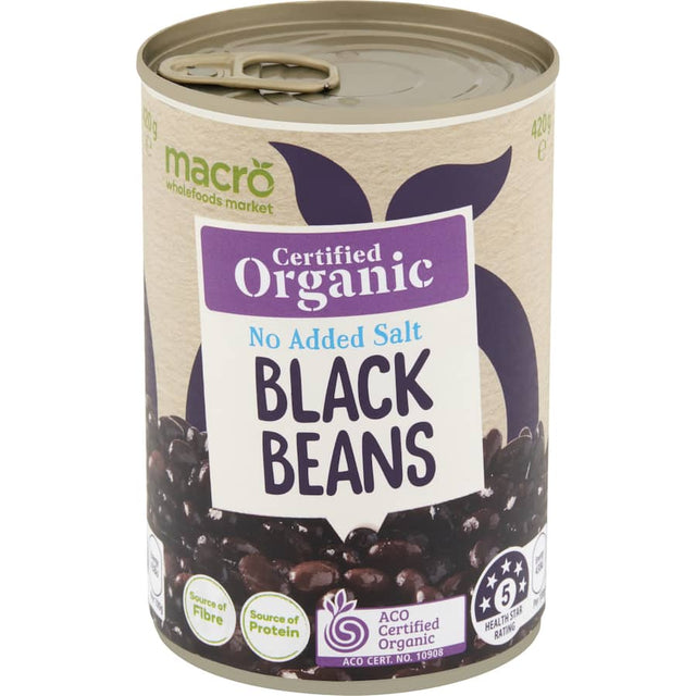 Macro Organic Black Beans No Added Salt in eco-friendly packaging, rich in protein and fiber for healthy meals without added sodium.