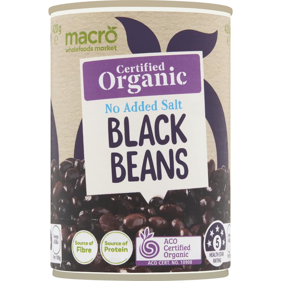 Macro Organic Black Beans No Added Salt in eco-friendly packaging, rich in protein and fiber, perfect for healthy meals.