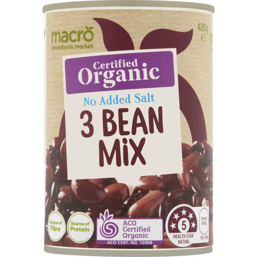 Macro Organic Beans mix featuring three varieties, no added salt, perfect for healthy cooking and meal preparation.