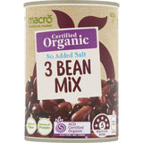 Macro Organic Beans mix featuring three varieties, no added salt, perfect for healthy cooking and meal preparation.