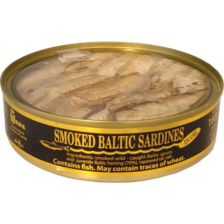 Elegant transparent lid showcasing Unda Smoked Sardines, rich in flavor and nutrients, ideal for gourmet meals or snacks.