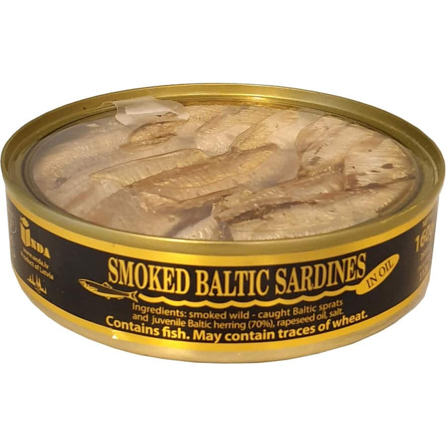 Elegant transparent lid showcasing Unda Smoked Sardines, rich in flavor and nutrients, ideal for gourmet meals or snacks.