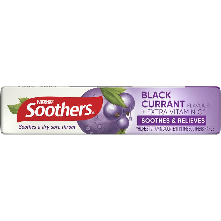 Nestle Soothers Blackcurrant Lozenges in pocket-friendly pack for sore throat relief, flavored with blackcurrant and enriched with Vitamin C.