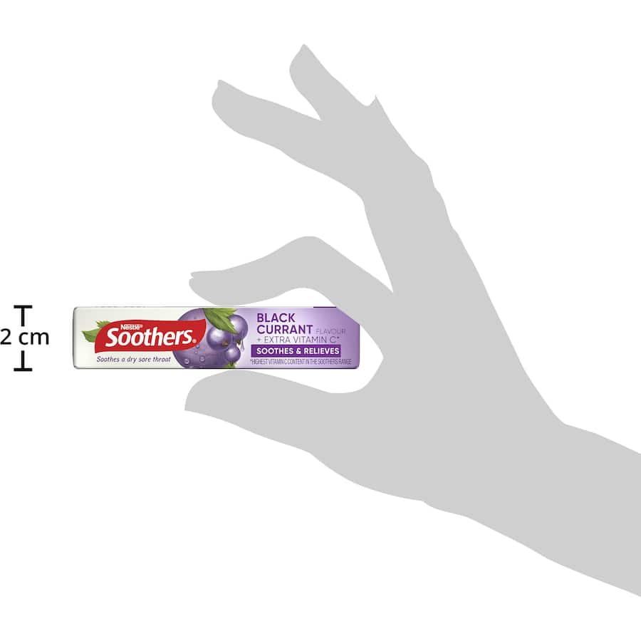 Nestle Soothers Blackcurrant Lozenges in pocket-friendly pack, offering soothing relief and 1.5X Vitamin C for throat discomfort.