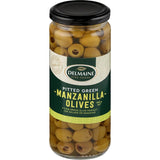 Delmaine Pitted Green Olives, ideal for salads and snacks, featuring a firmer texture and sharp flavor, conveniently ready-to-use.