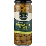 Delmaine Pitted Green Olives, ideal for salads or snacking, featuring a firm texture and distinct, sharp flavor.