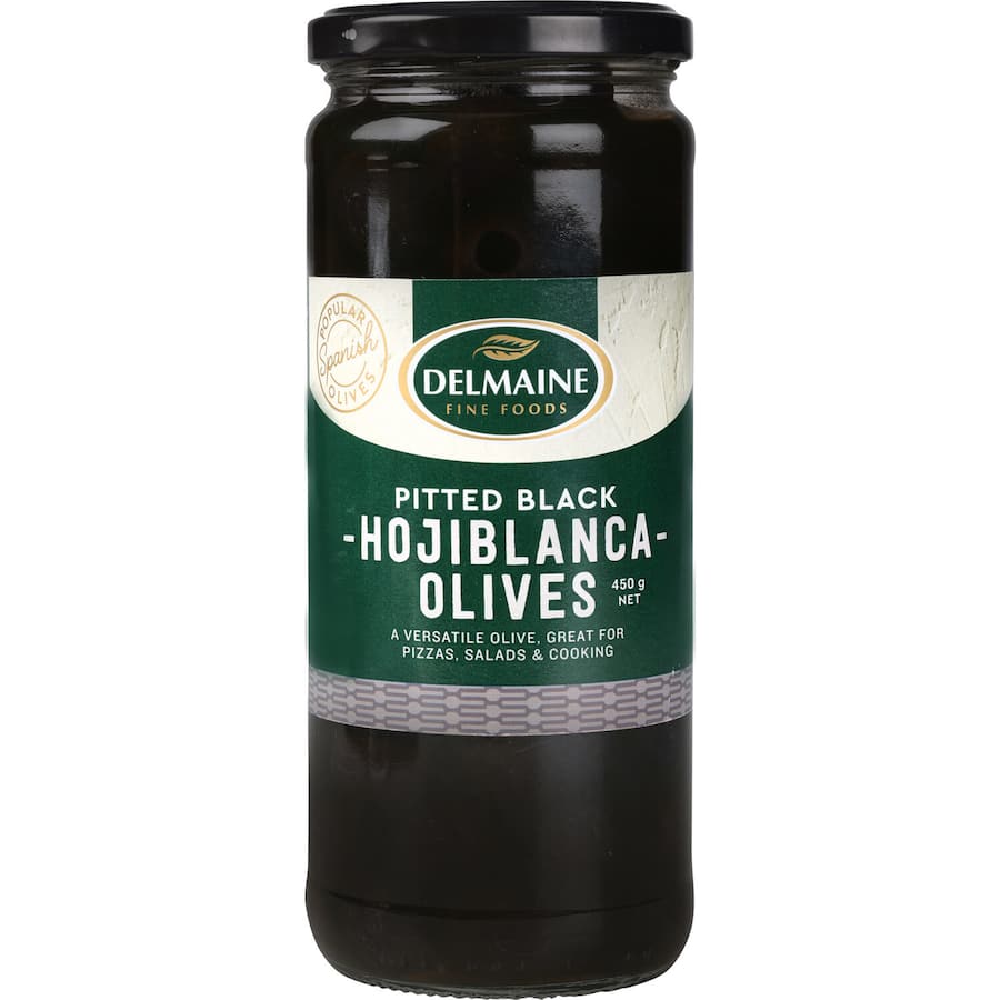 Delmaine Pitted Black Olives, perfect for pizzas, tapenade, and pasta sauces, offering rich, tangy flavor and convenience.