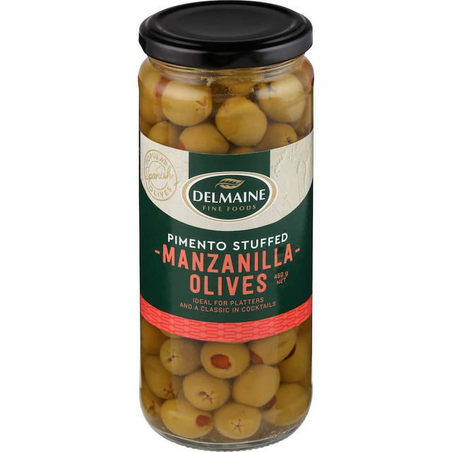 Delmaine Olives Stuffed Green: premium green olives filled with pimento, perfect for martinis, salads, and tapas spreads.