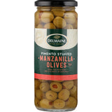 Delmaine Olives Stuffed Green featuring premium green olives filled with pimento, perfect for martinis and tapas.