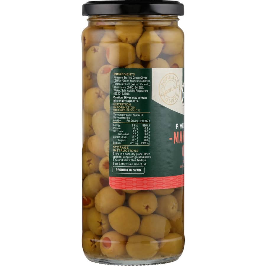 Delmaine Olives Stuffed Green featuring pimento, perfect for cocktails, tapas, and salads. A versatile culinary delight.