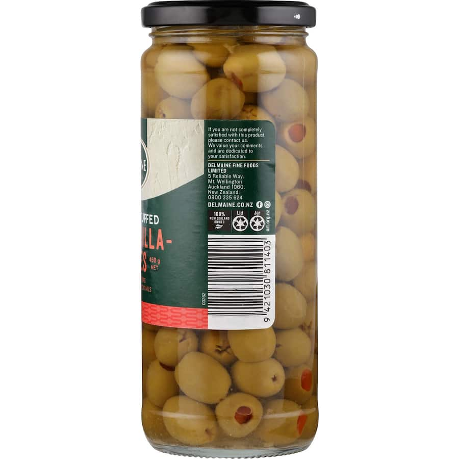 Delmaine Stuffed Green Olives filled with pimento, perfect for martinis, salads, or gourmet tapas.