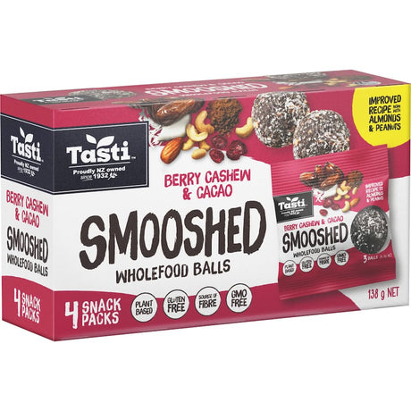 A colorful array of Tasti Smooshed Wholefood Snack Balls featuring berry, cashew, and cacao flavors, perfect for on-the-go nutrition.