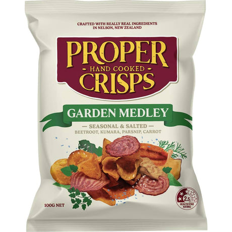 Crunchy Proper Crisps Garden Medley featuring a vibrant mix of New Zealand vegetable chips, gluten-free and vegan-friendly.