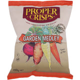 Proper Crisps Garden Medley: Crunchy, gluten-free vegetable chips made from New Zealand potatoes, packed with fresh garden flavors.