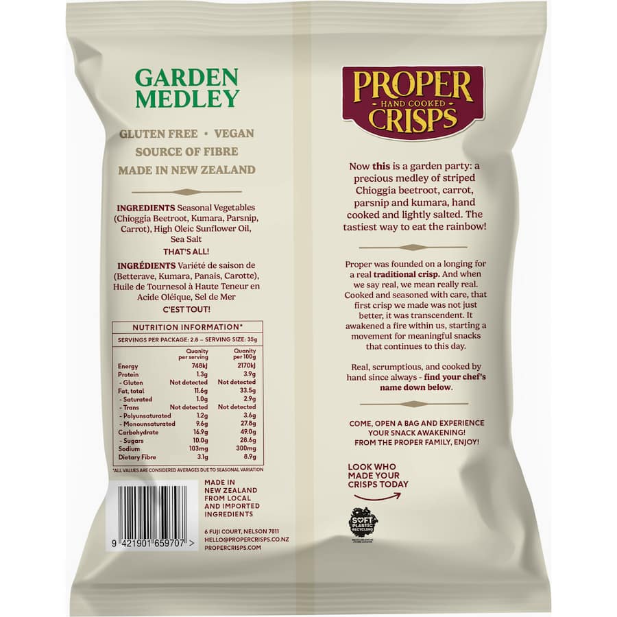 Crispy Proper Crisps Garden Medley featuring colorful New Zealand vegetable chips made from locally grown potatoes.