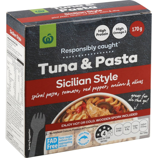 Woolworths Tuna & Pasta Sicilian dish with spiral pasta, wild-caught tuna, and Sicilian sauce, high in protein and omega-3s.