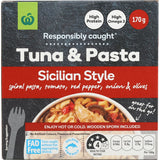 Woolworths Tuna & Pasta Sicilian featuring spiral pasta, wild-caught skipjack tuna, and vibrant Sicilian sauce in a convenient meal.