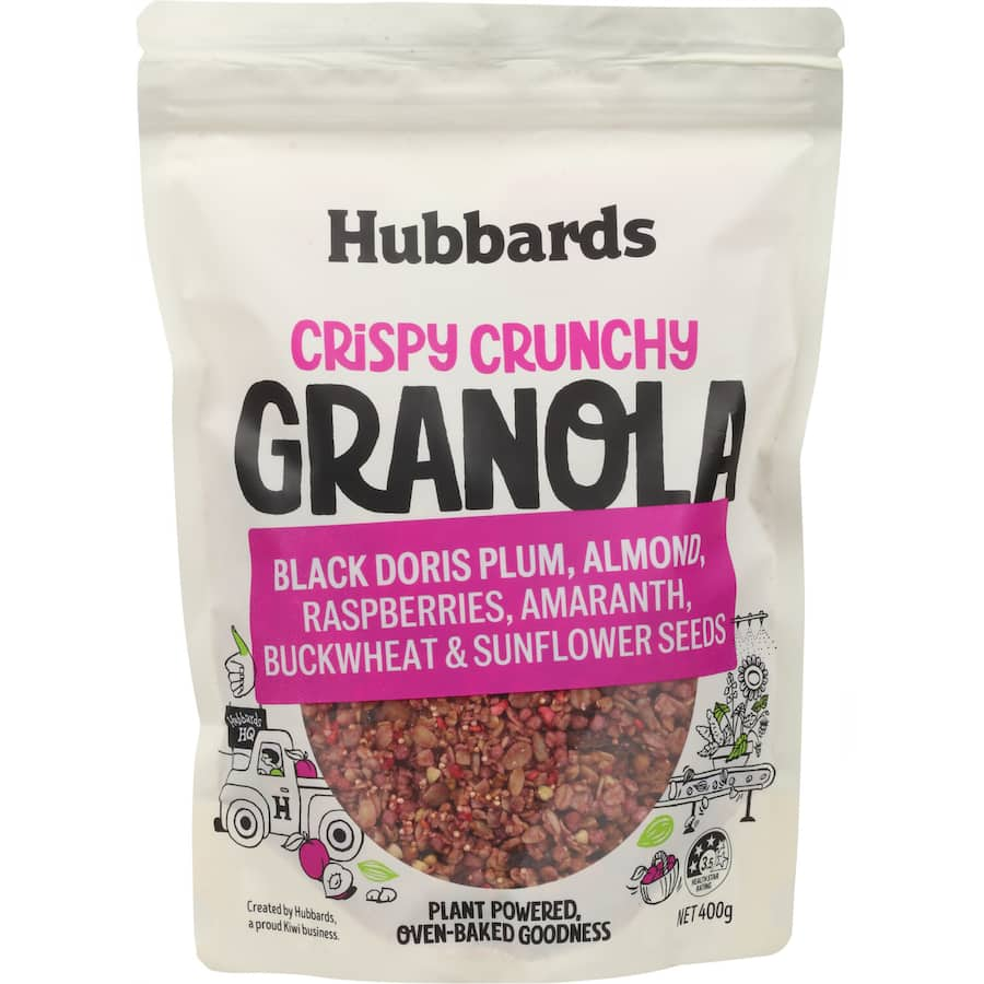 Crispy granola with black doris plums, almonds, tangy raspberries, and seeds for a wholesome breakfast option.