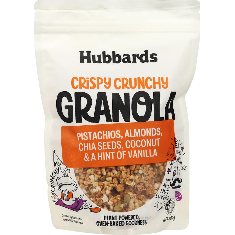 Crispy granola blend with pistachios, almonds, chia seeds, and coconut flakes for a healthy, protein-packed snack.